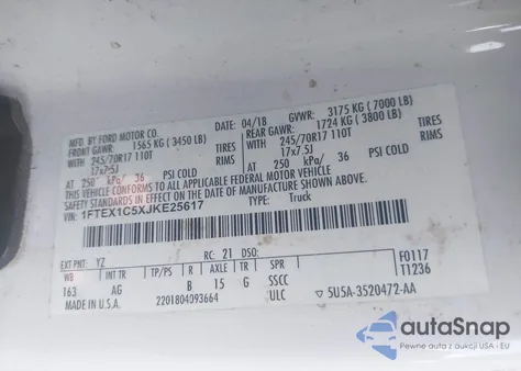 2018 Ford F-150 Xl z USA, uszkodzony, nr VIN 1FTEX1C5XJKE25617